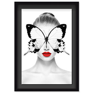 Portrait wall art of a woman with red lips and a butterfly covering her eyes