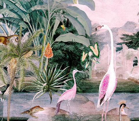 Image of 'The Place II' artwork featuring a botanical garden with pink flamingos and banana trees. Shop the botanical chic collection.