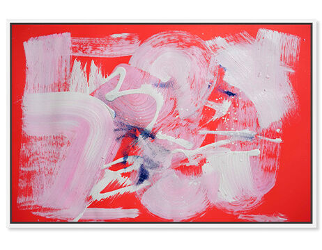 Red abstract wall art with pink and white brushstroke details