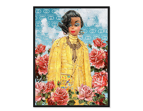 Pink framed canvas wall art of a brunette fashion doll with short hair and roses