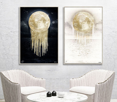 Image of gallery wall 'Night and Day Light' consisting  of gold drip moons in a night sky and a day light artwork. Shop the rest of the silver and gold collection.