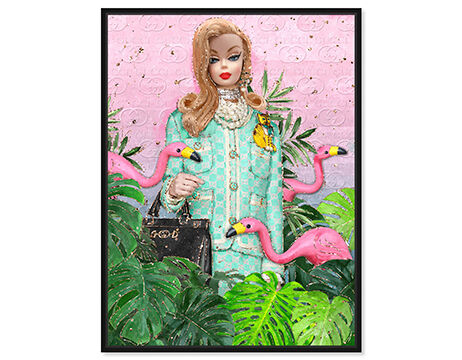 Pink framed canvas wall art of a blonde fashion doll, three flamingos and tropical monstera leaves