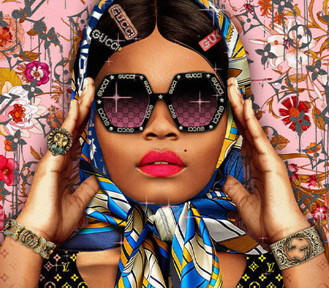 Image of artwork 'Snap a Picture' featuring a fashionable african american woman adorned in luxe brands surrounded by hues of pink. Shop the rest of our Fashion Squad collection.