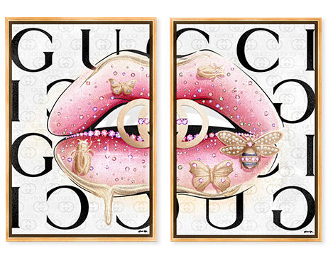 Pink lips wall art set of 2 and a fashion brand logo in the background