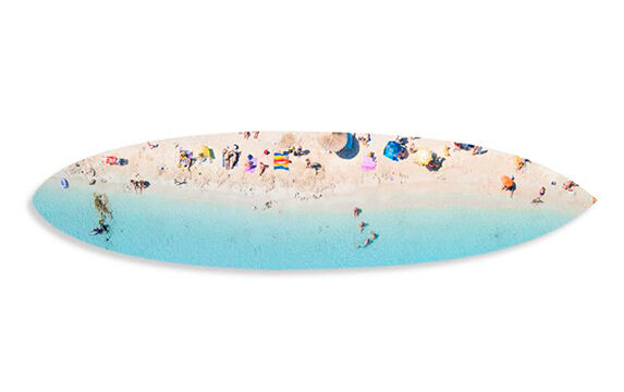 Acrylic surfboard with a colorful beach photography