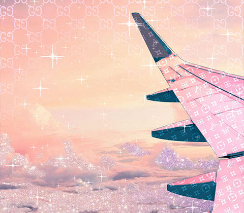 Image of artwork 'Taupe Horizon' featuring a pastel sky and a pastel plane wing with a touch of glam. Shop the rest of the pastel vibes collection.