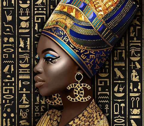 Image of artwork 'Royal Ruler' featuring a beautiful african american egyptian godddess adorned in gold. Shop the Egyptian Glam collection.
