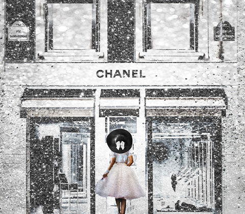 Image of artwork 'Queen of the Store' featuring a fashionable woman walking into a famous store with hues of white and silver depicting glitter. Shop the rest of ou storefronts collection.