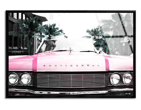 Framed acrylic wall art of a vintage pink car