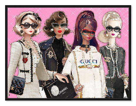 Pink framed canvas wall art of four fashion dolls