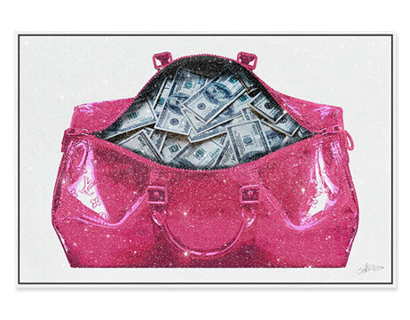 Framed canvas wall art of a pink fashion bag full of dollars