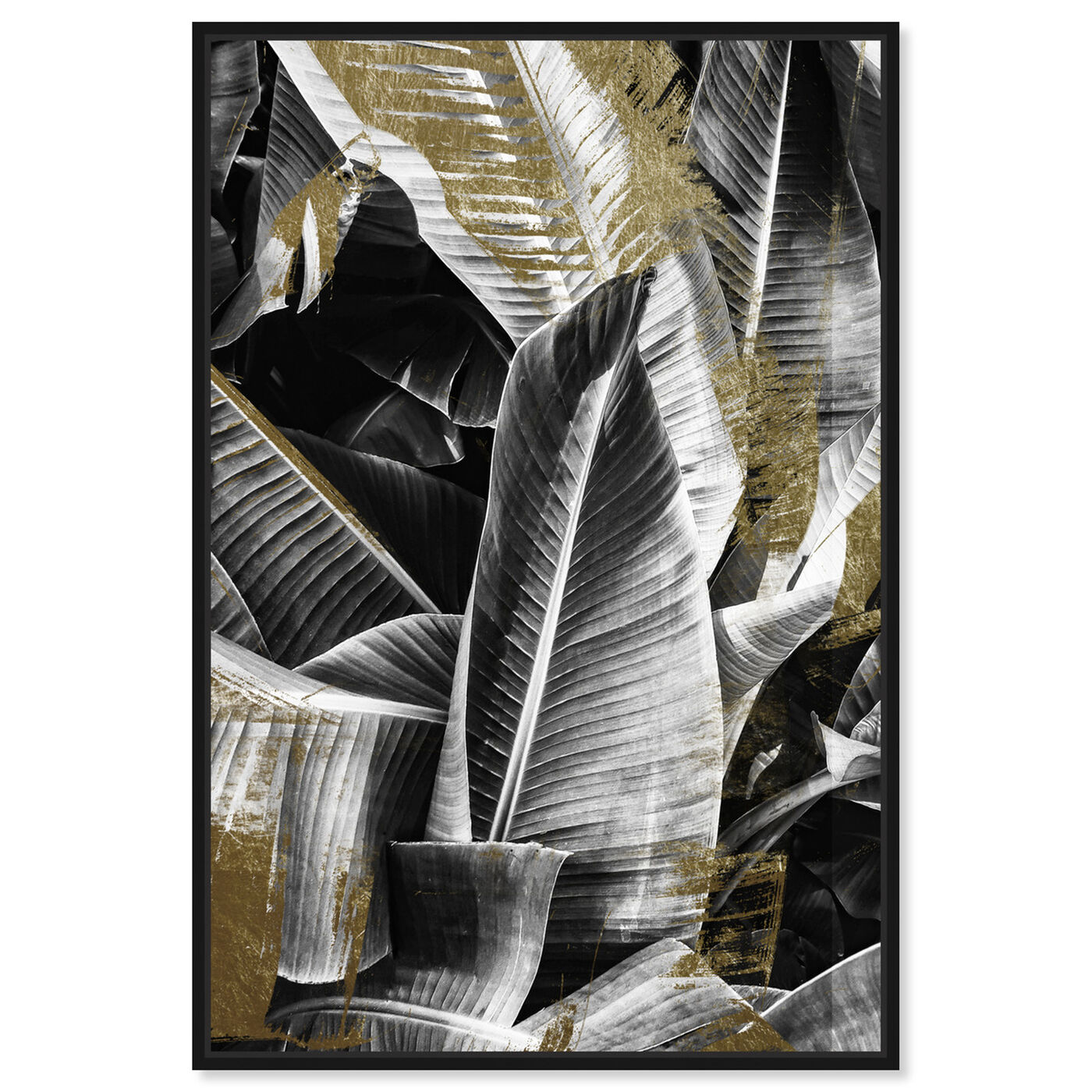 Front view of Banana Leaf Night Gold featuring floral and botanical and botanicals art.