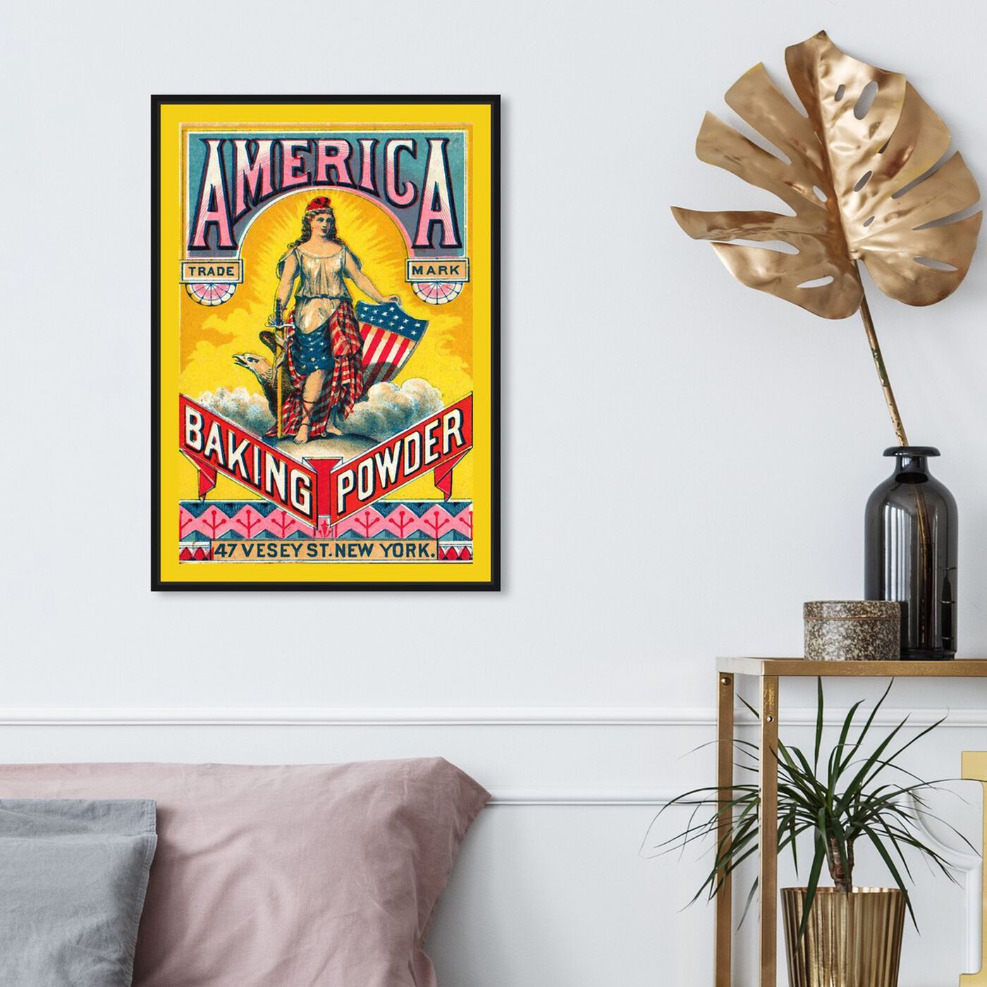 Hanging view of America Baking Powder featuring advertising and promotional brands art.