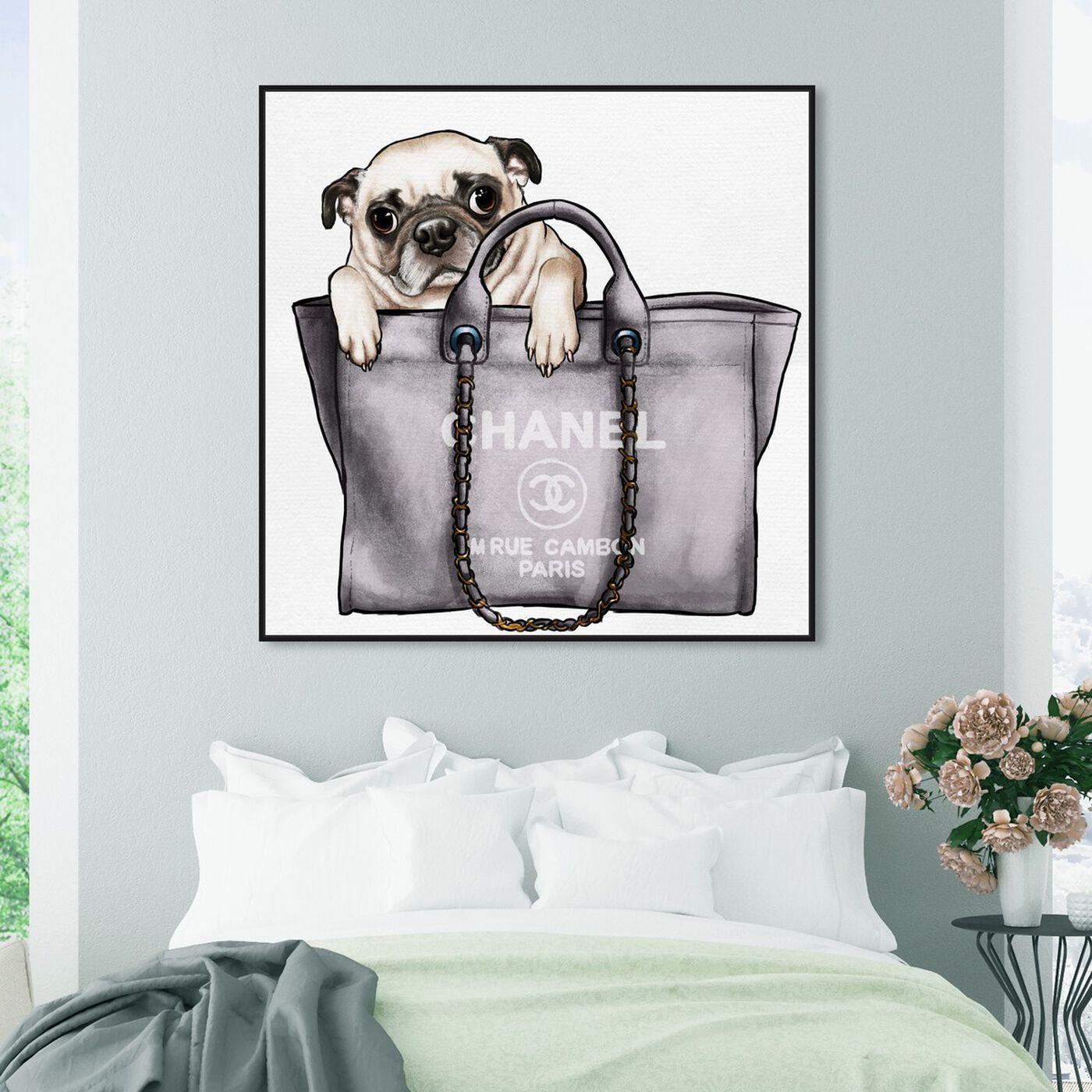 Hanging view of Pug in the Bag featuring fashion and glam and handbags art.