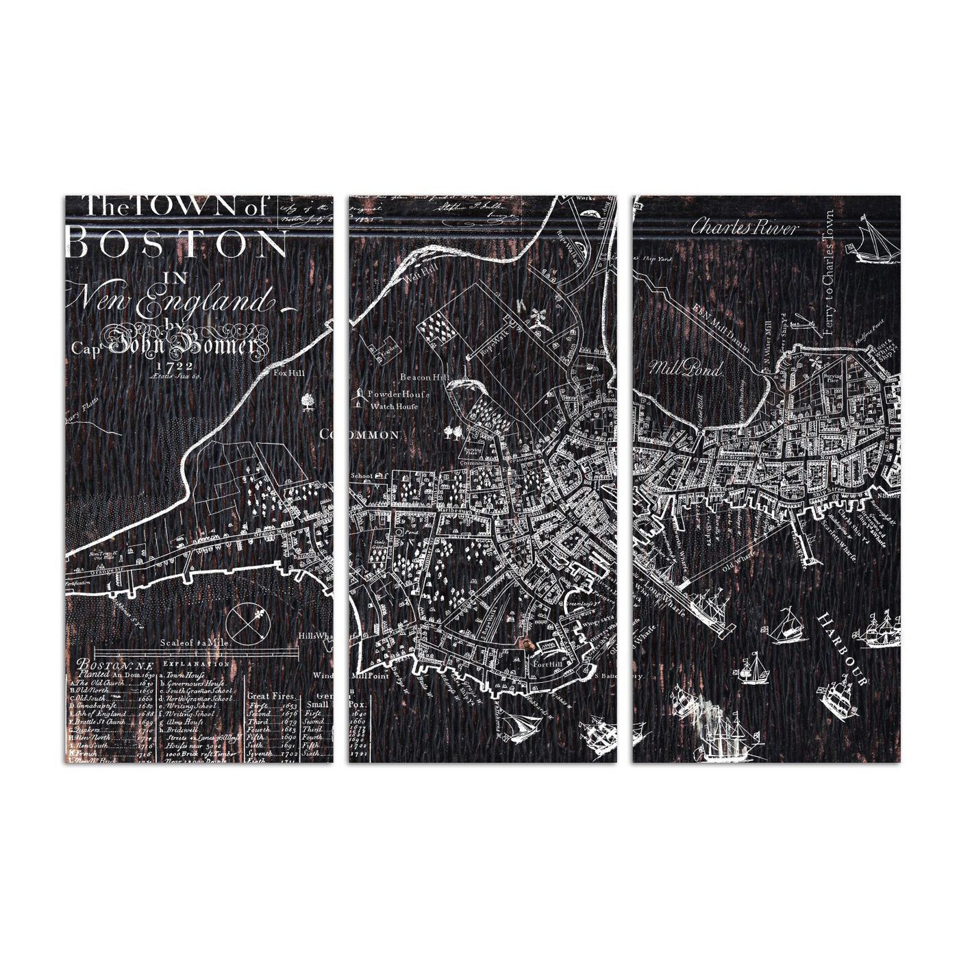 Town of Boston Map 1722 Triptych