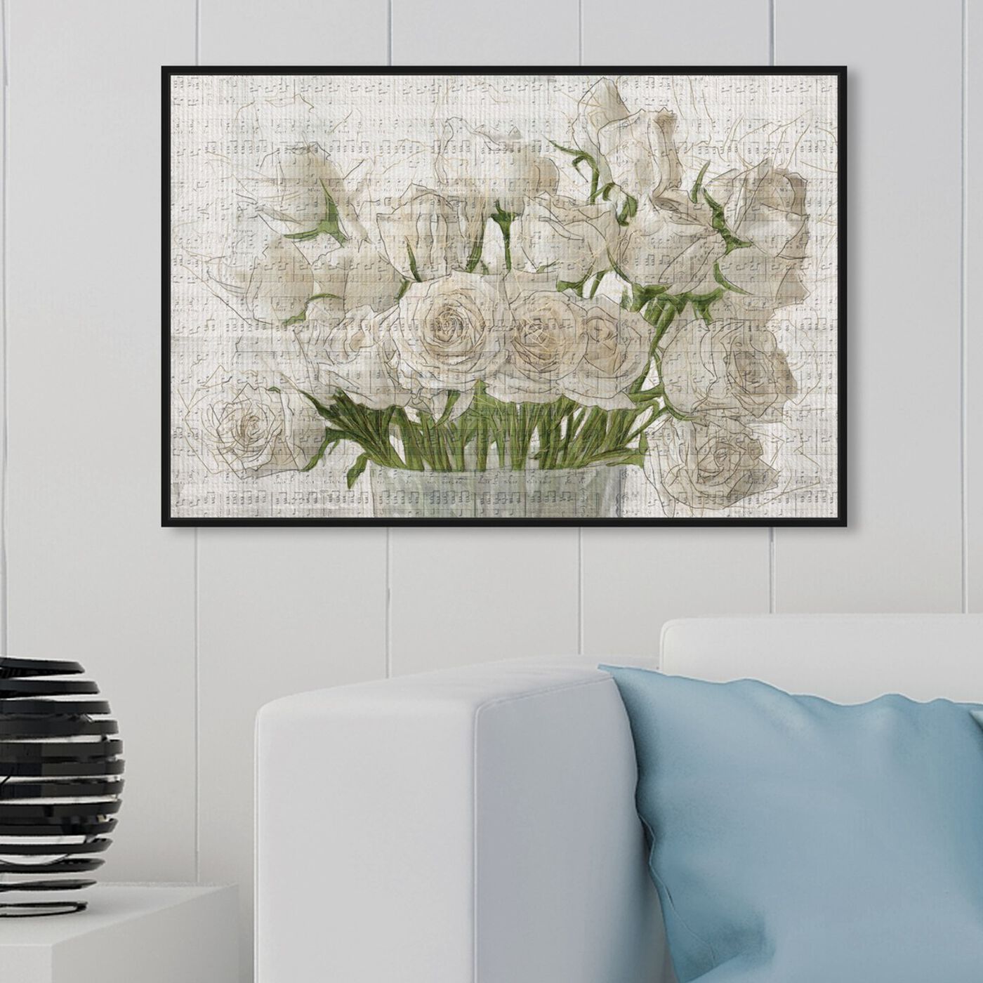 Hanging view of White Rose Love featuring floral and botanical and florals art.