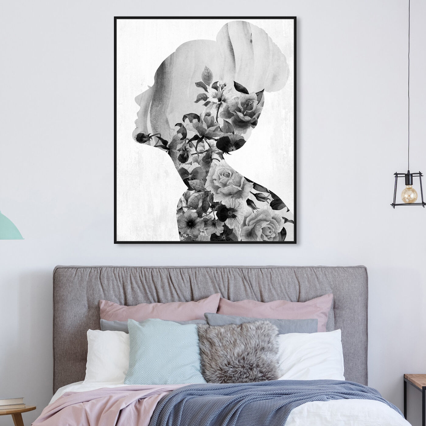 Hanging view of Flower Built White and Black featuring floral and botanical and florals art.