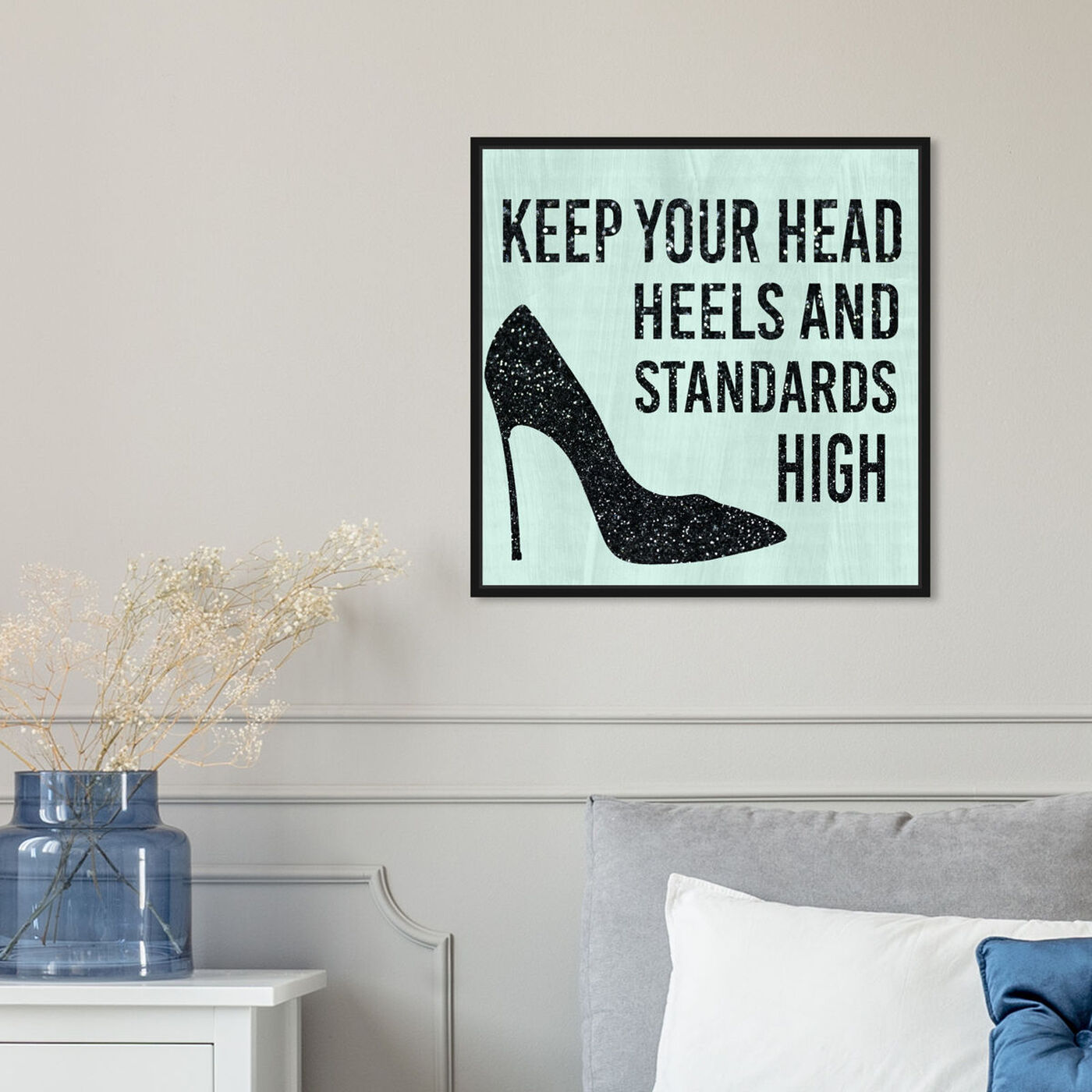 Hanging view of Head and Heels Black and Mint featuring typography and quotes and fashion quotes and sayings art.