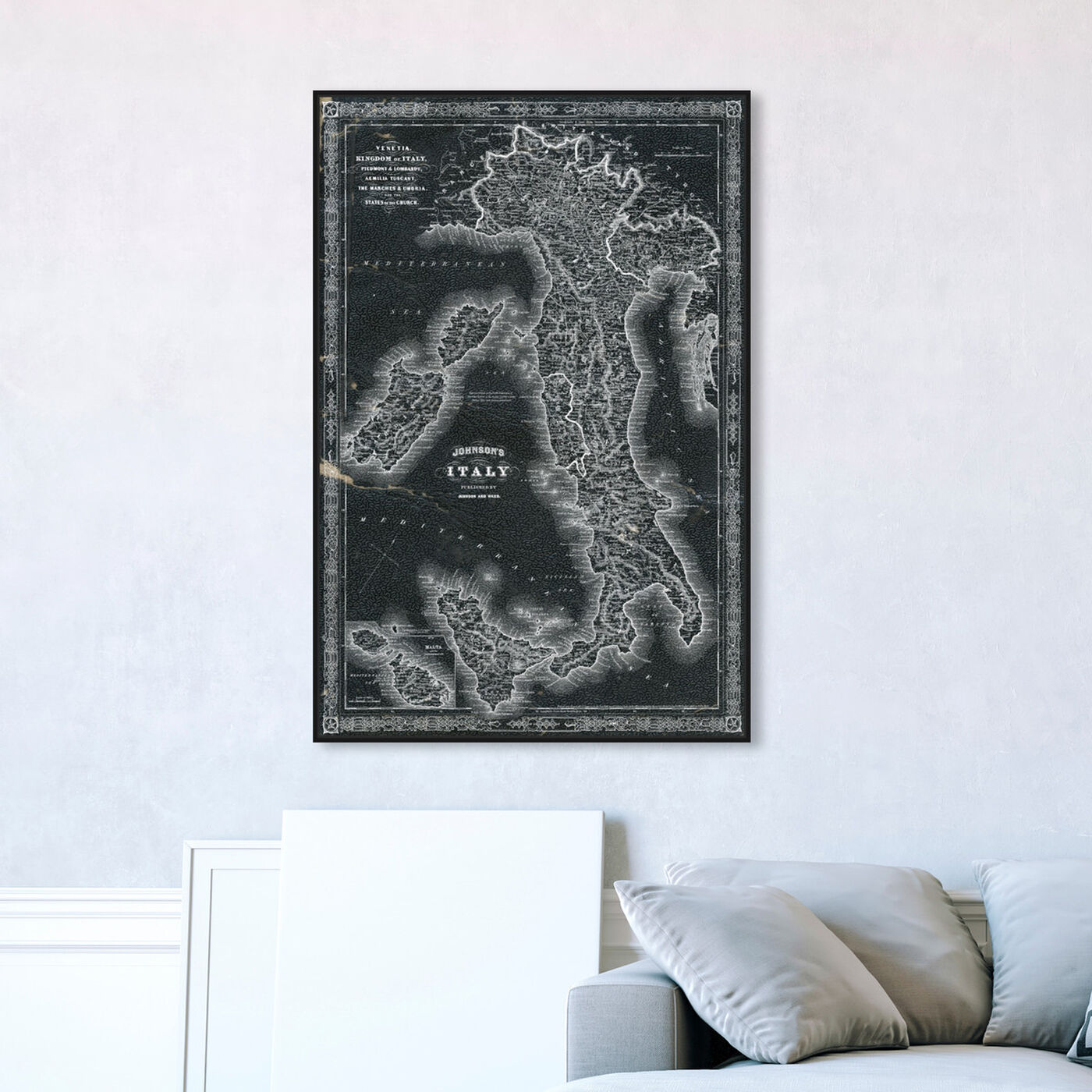 Hanging view of Italy Map 1866 featuring maps and flags and european countries maps art.
