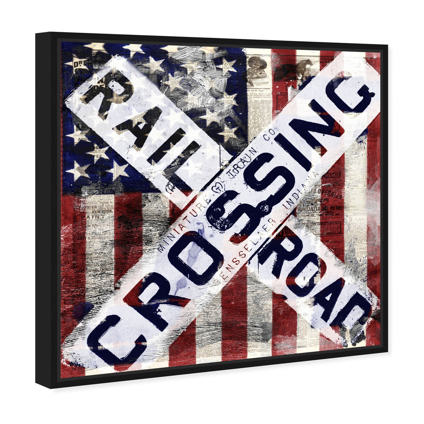 Angled view of Railroad Crossing featuring americana and patriotic and us flags art.
