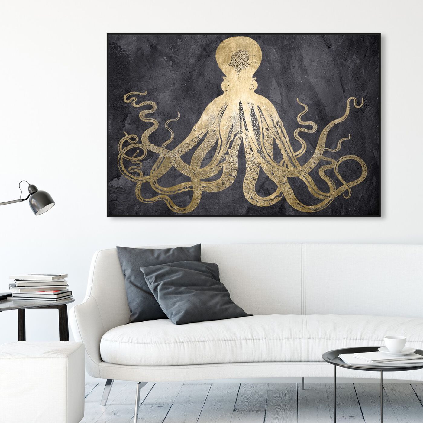 Hanging view of Squid Gold featuring animals and sea animals art.