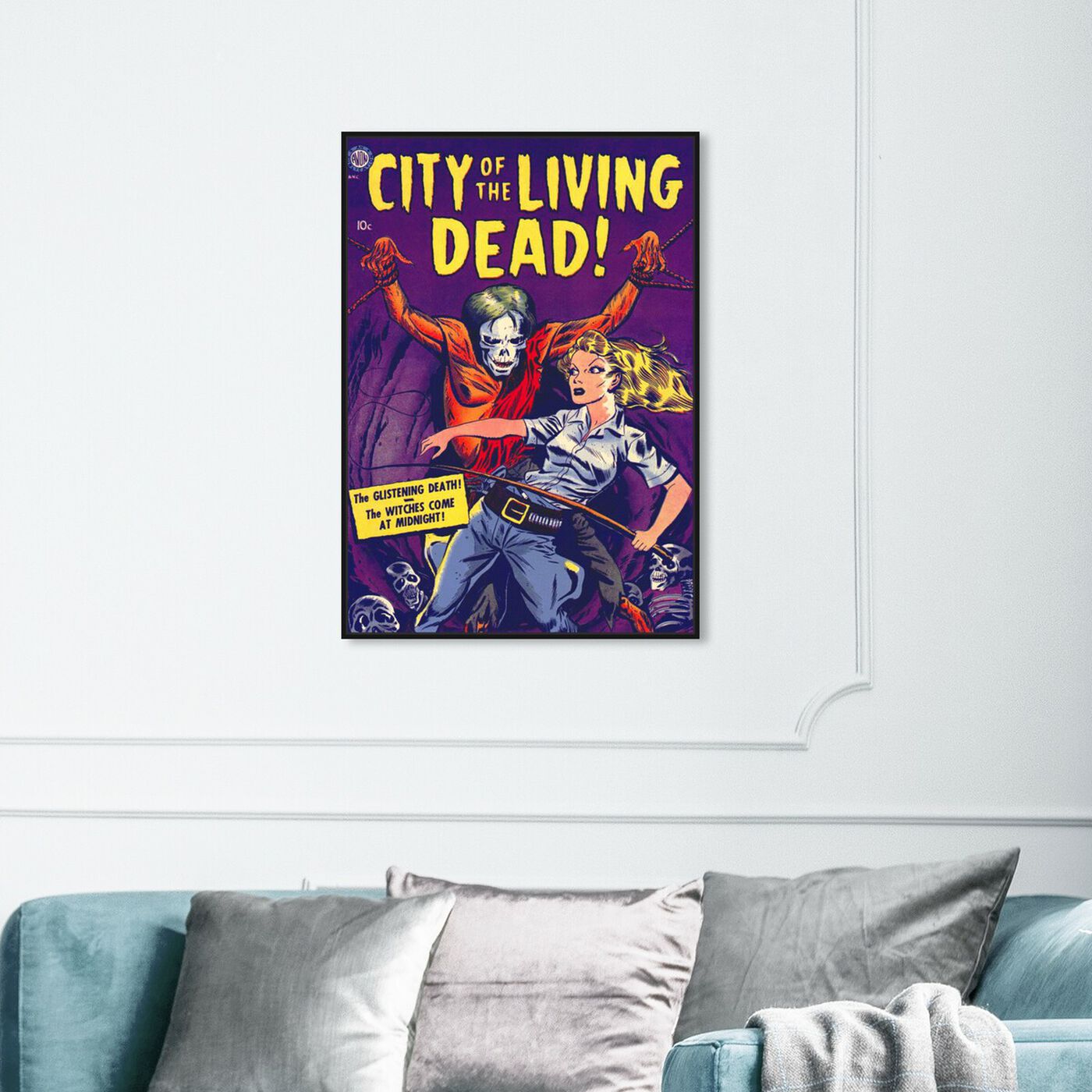 Hanging view of City Of The Living Dead featuring advertising and comics art.