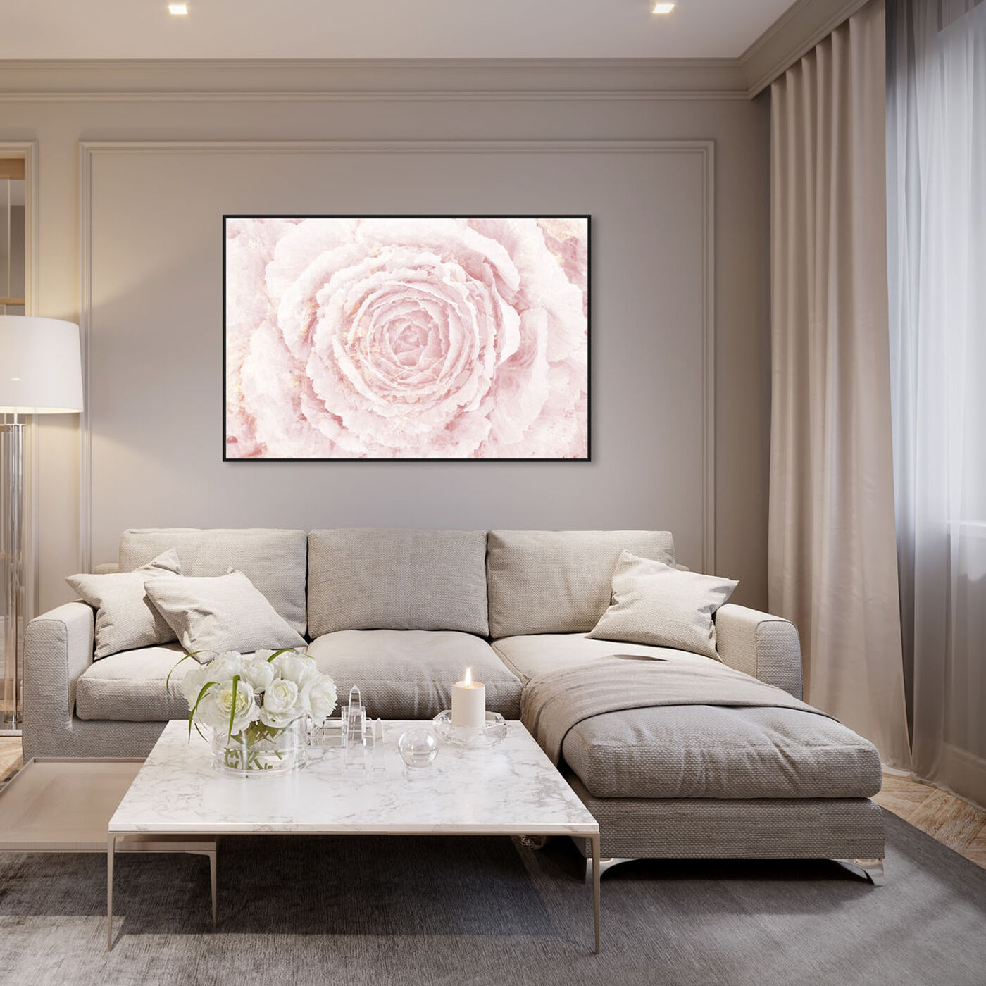 Hanging view of Blush Winter Flower Pink featuring floral and botanical and florals art.