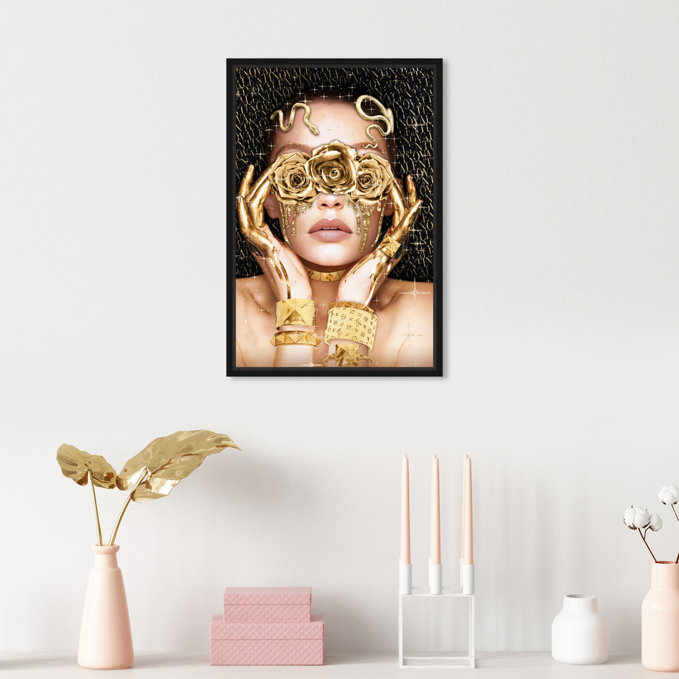 Hanging view of Golden Romantic featuring fashion and glam and portraits art.