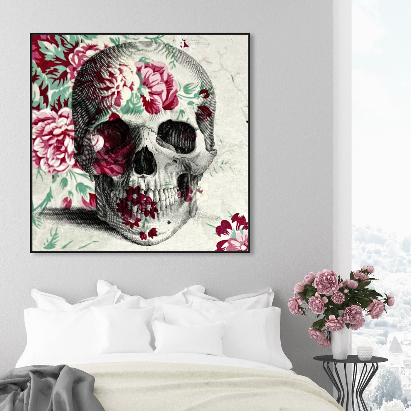 Hanging view of Spring Skull featuring symbols and objects and skull art.