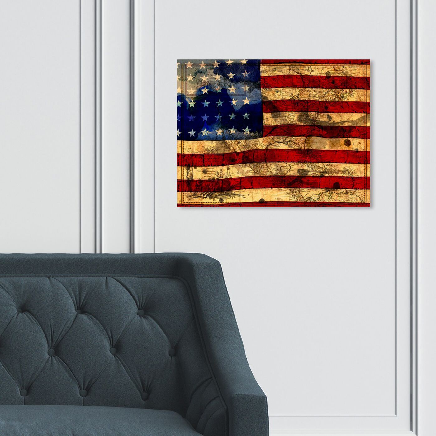 Hanging view of The Flag featuring maps and flags and american countries flags art.