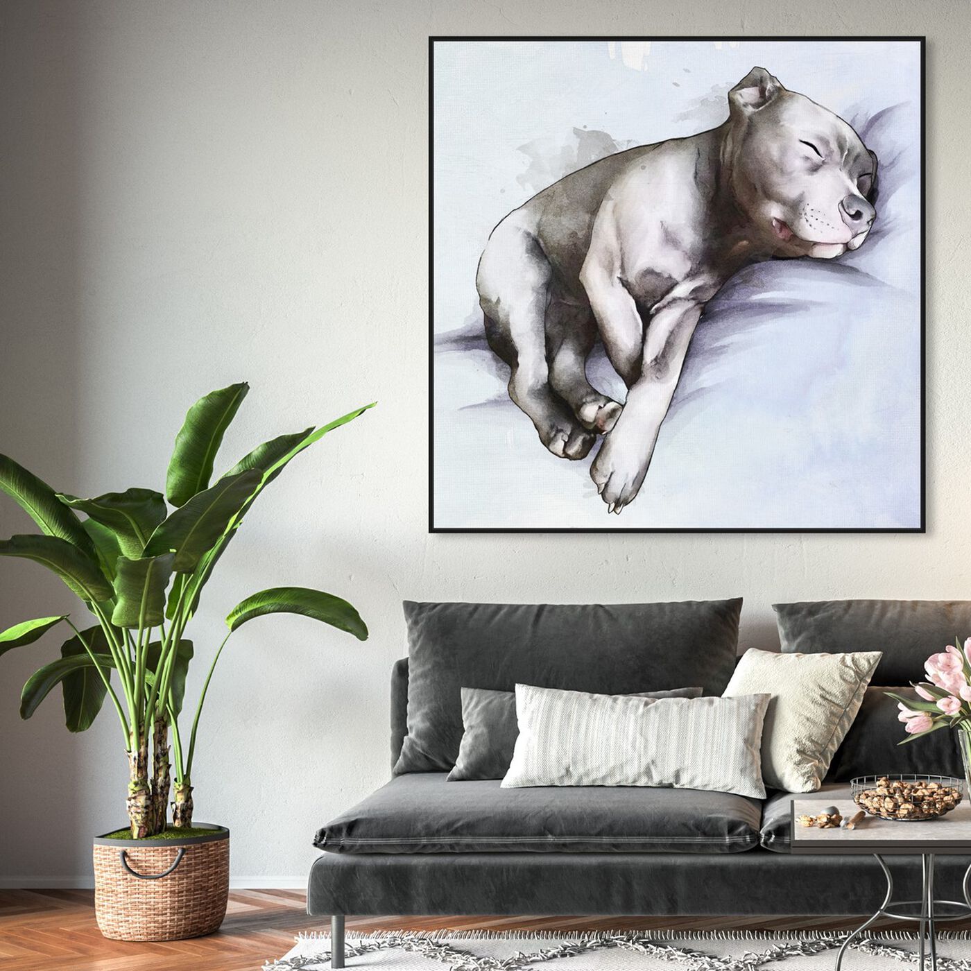 Hanging view of Sleeping Pitbull featuring animals and dogs and puppies art.