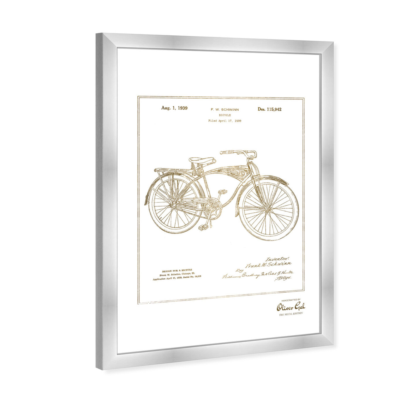 Angled view of Schwinn Bicycle Gold featuring transportation and motorcycles art.