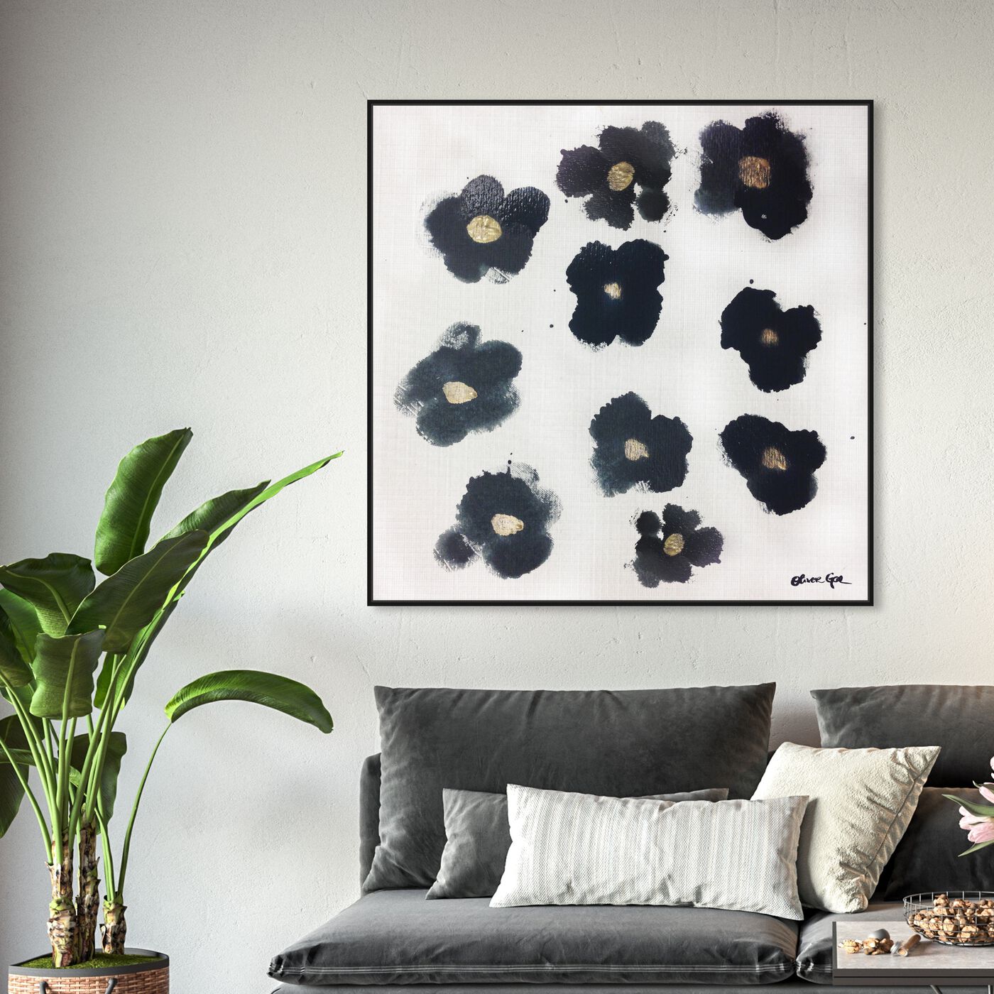 Hanging view of Coco's Gold Camellias featuring floral and botanical and florals art.