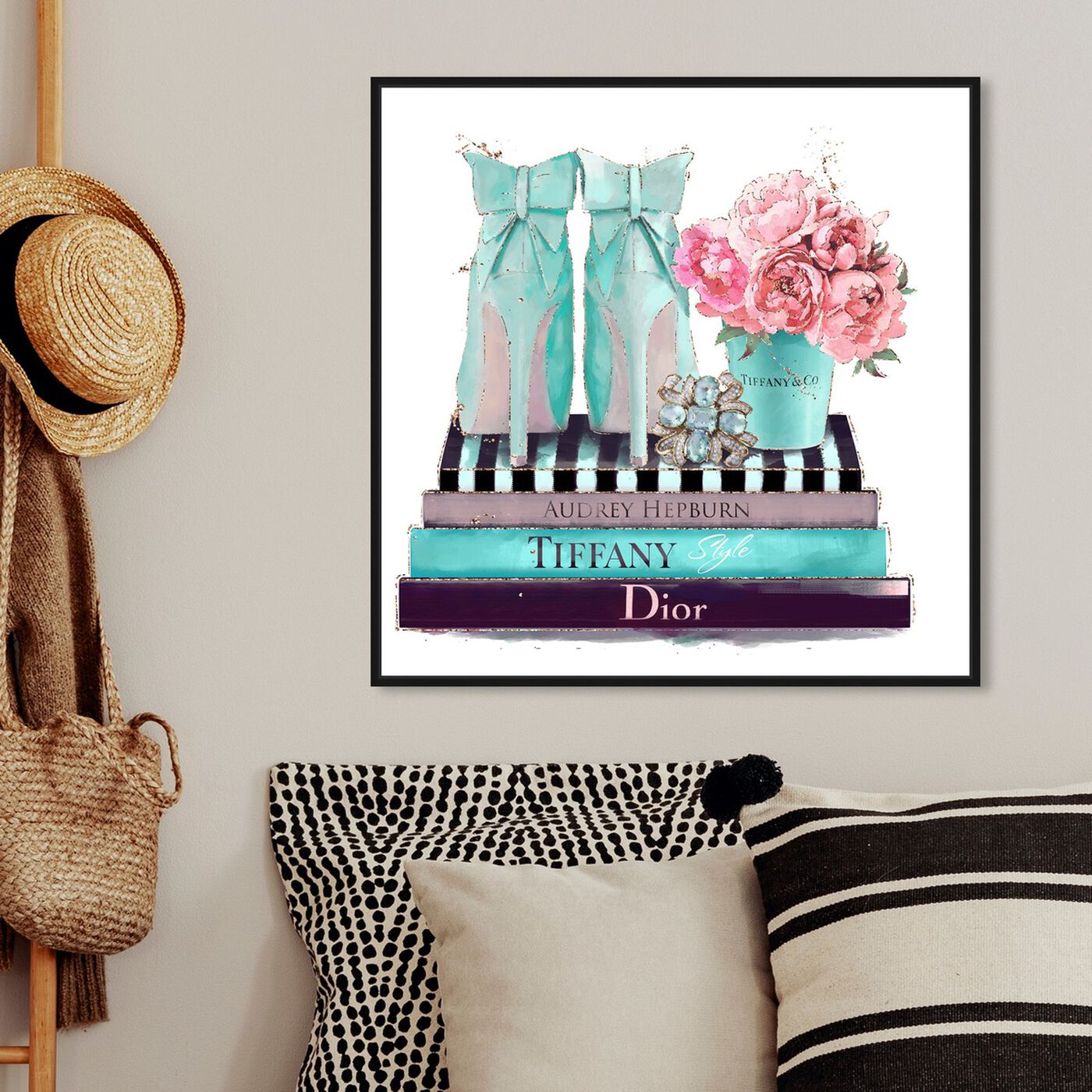 Hanging view of Modestly Aquamarine Display featuring fashion and glam and shoes art.