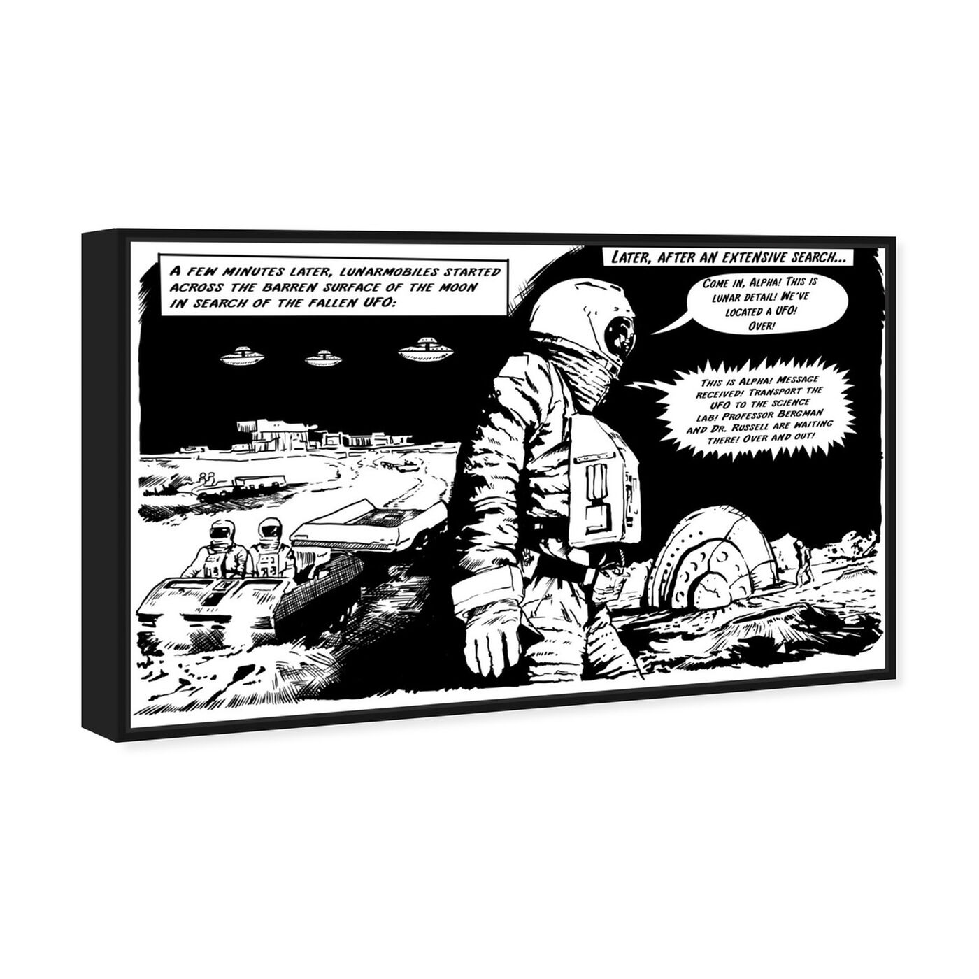 Angled view of On The Moon featuring advertising and comics art.
