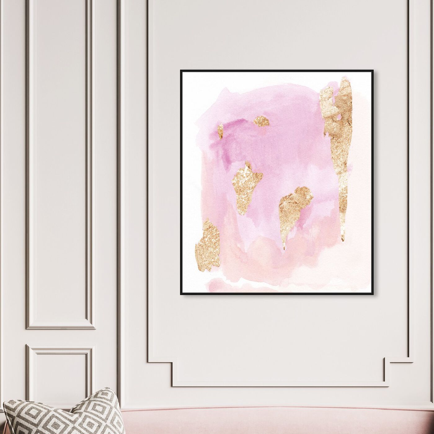 Hanging view of Pink Wednesdays featuring abstract and watercolor art.