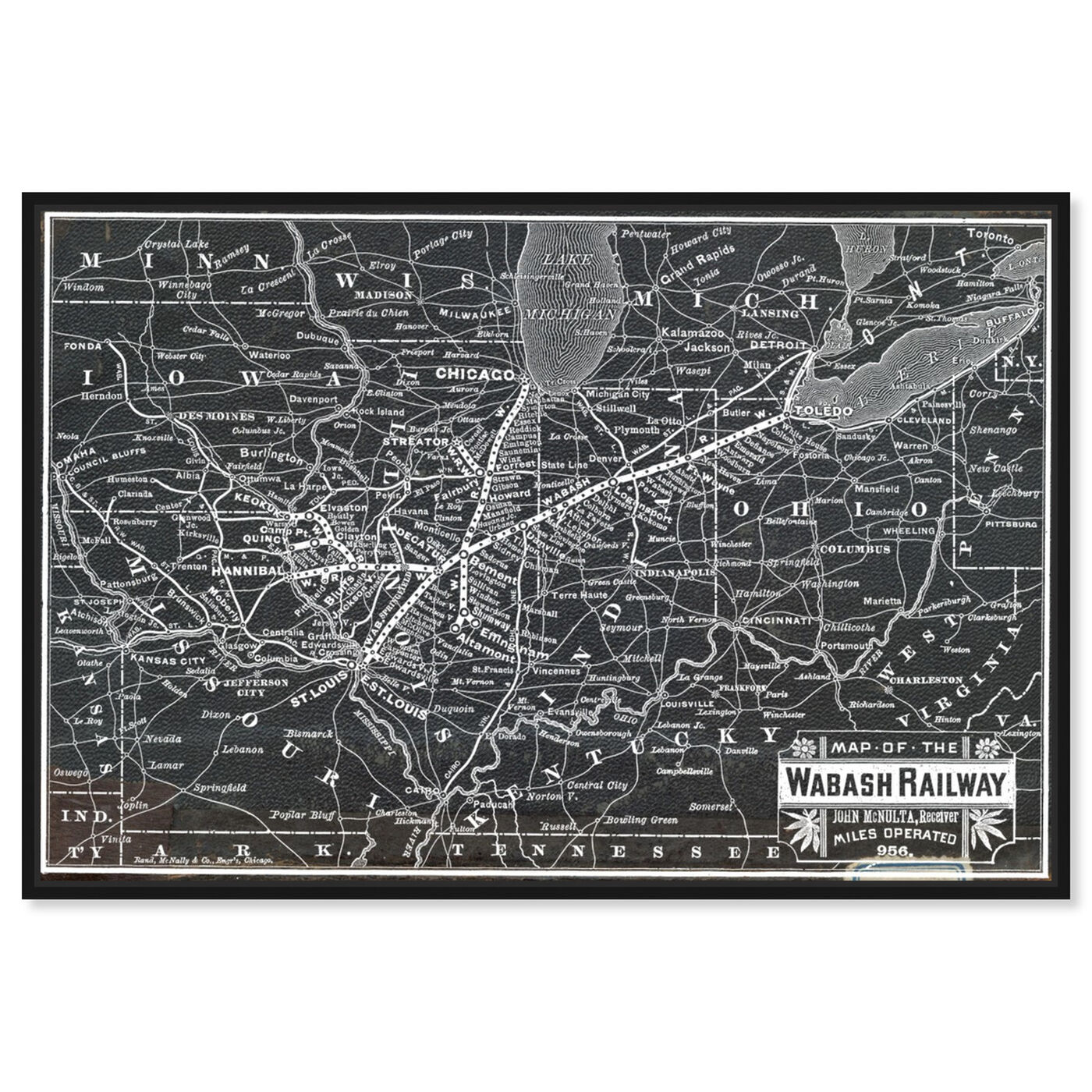 Front view of Wabash Railroad Map featuring maps and flags and us states maps art.