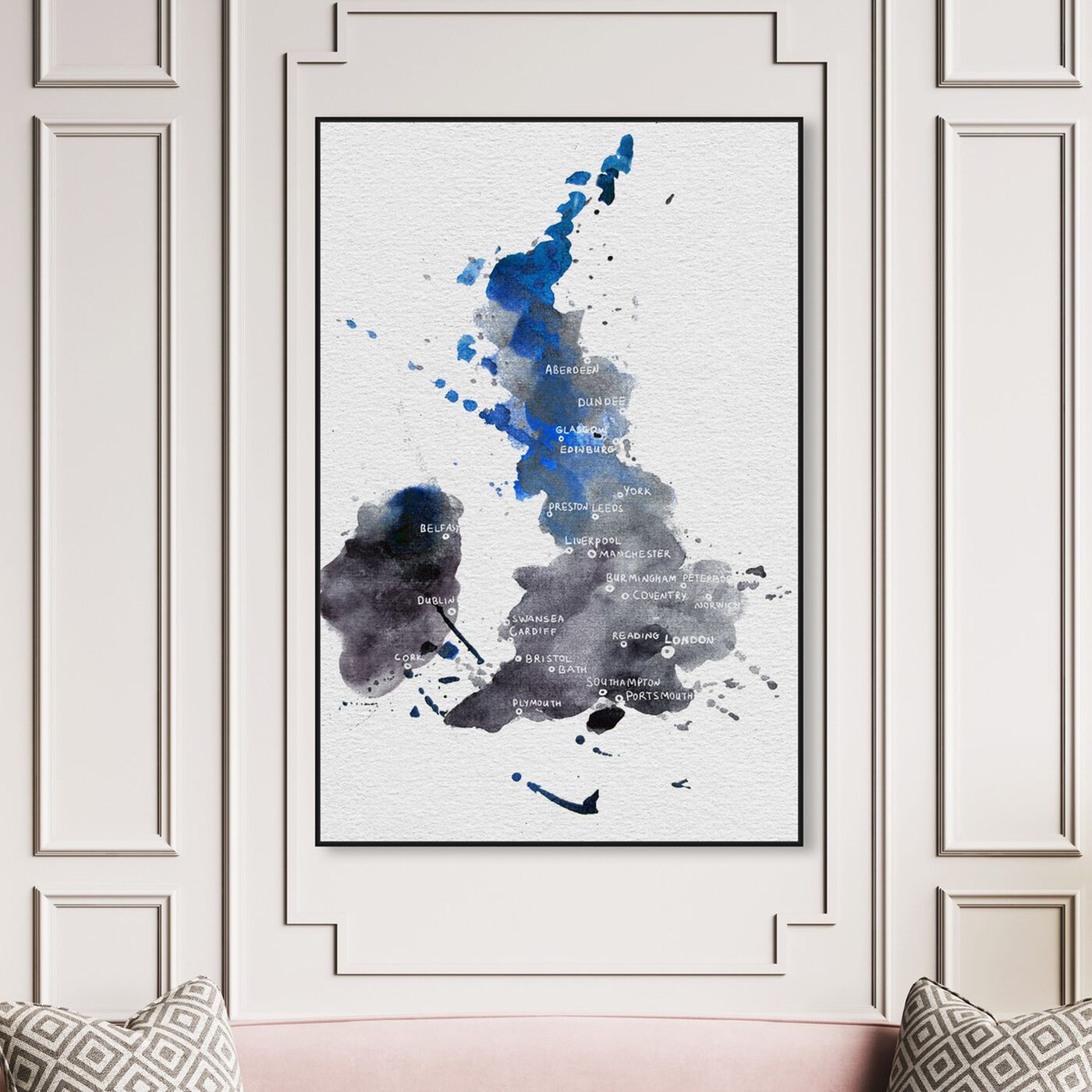 Hanging view of England and Ireland Map featuring maps and flags and european countries maps art.