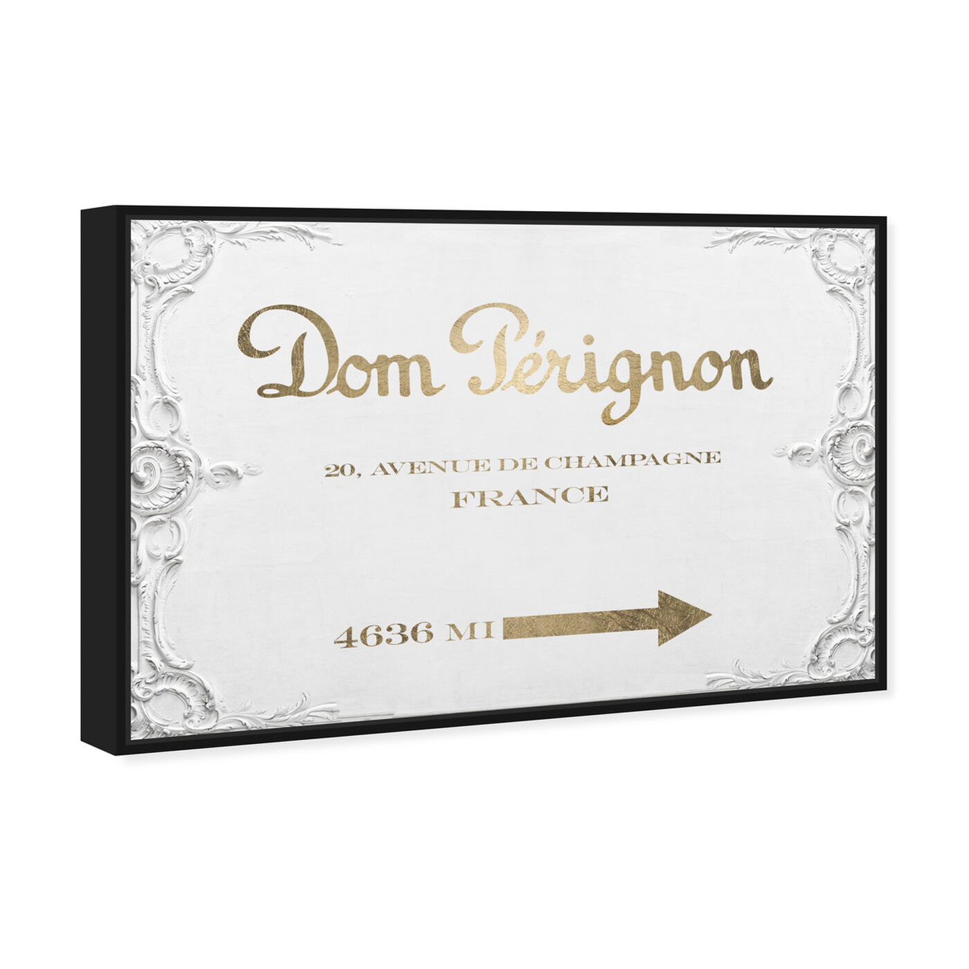 Angled view of Dom P Road Sign Gold featuring fashion and glam and road signs art.