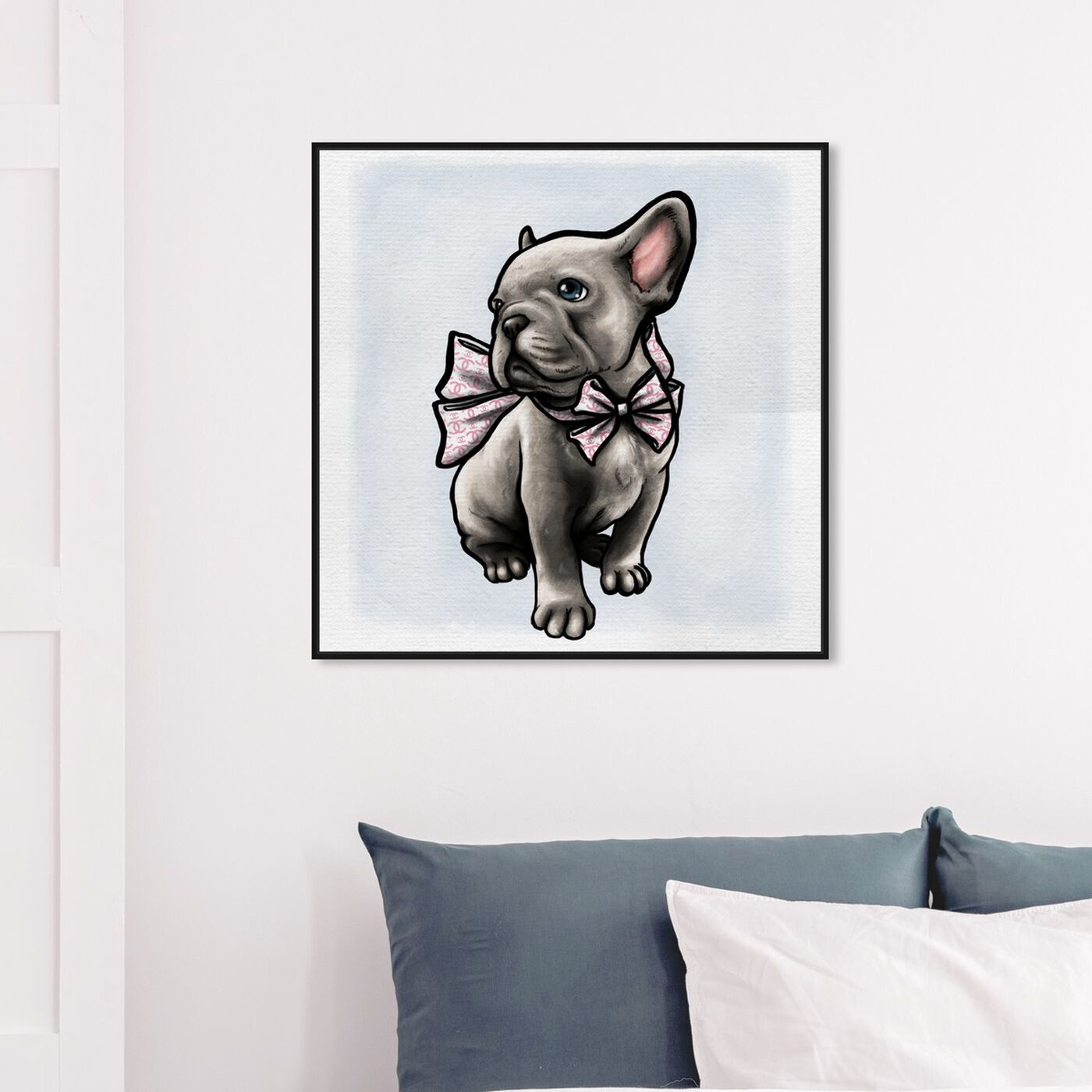 Hanging view of Frenchie with Bow featuring animals and dogs and puppies art.