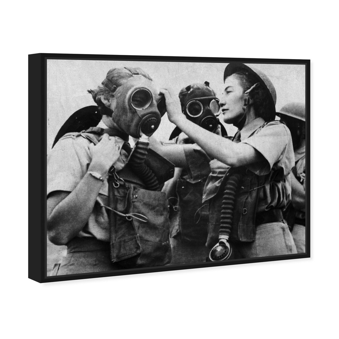 Angled view of Gas Masks featuring people and portraits and portraits art.