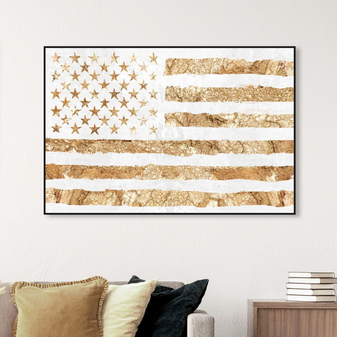 Hanging view of Rocky Freedom Linen featuring americana and patriotic and us flags art.