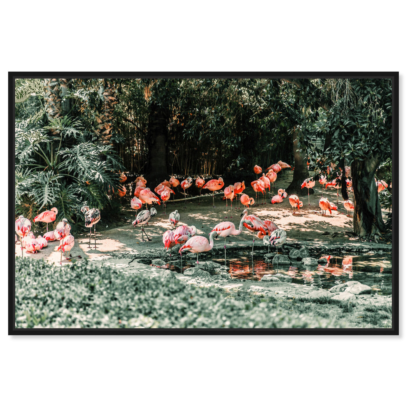 Front view of Flamingo Gathering featuring animals and birds art.