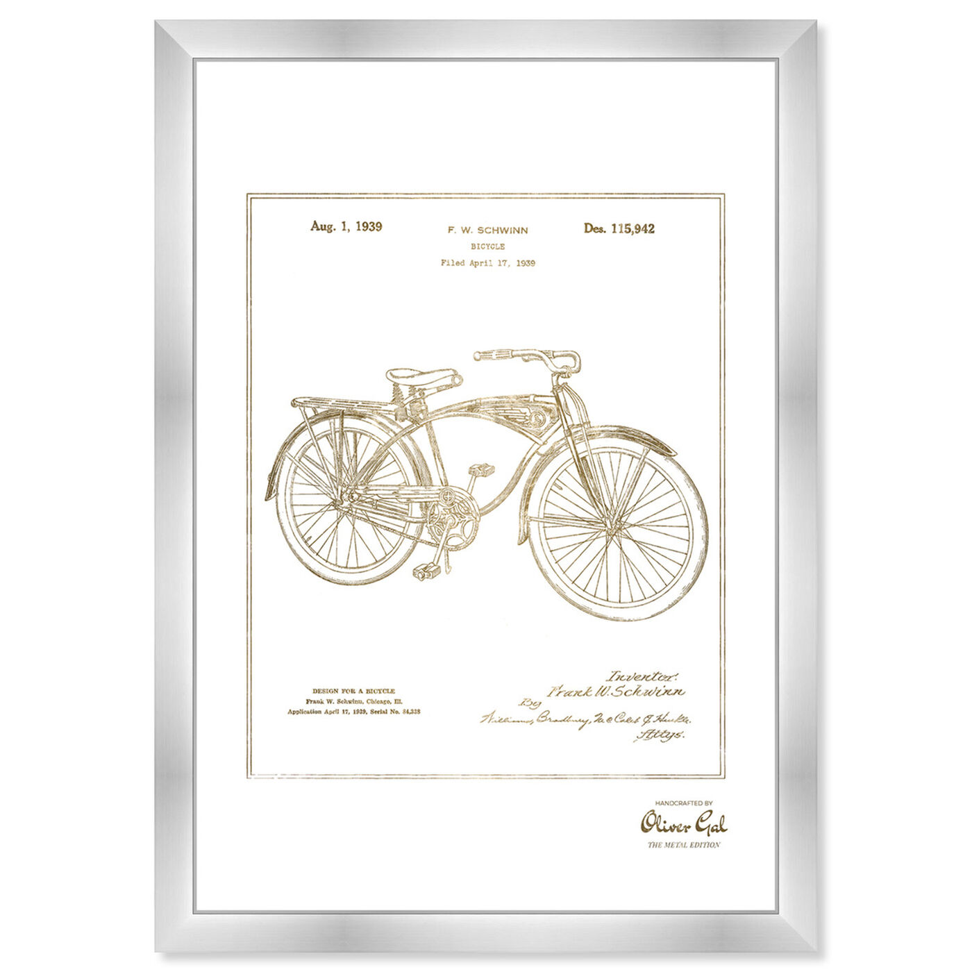 Front view of Schwinn Bicycle Gold featuring transportation and motorcycles art.