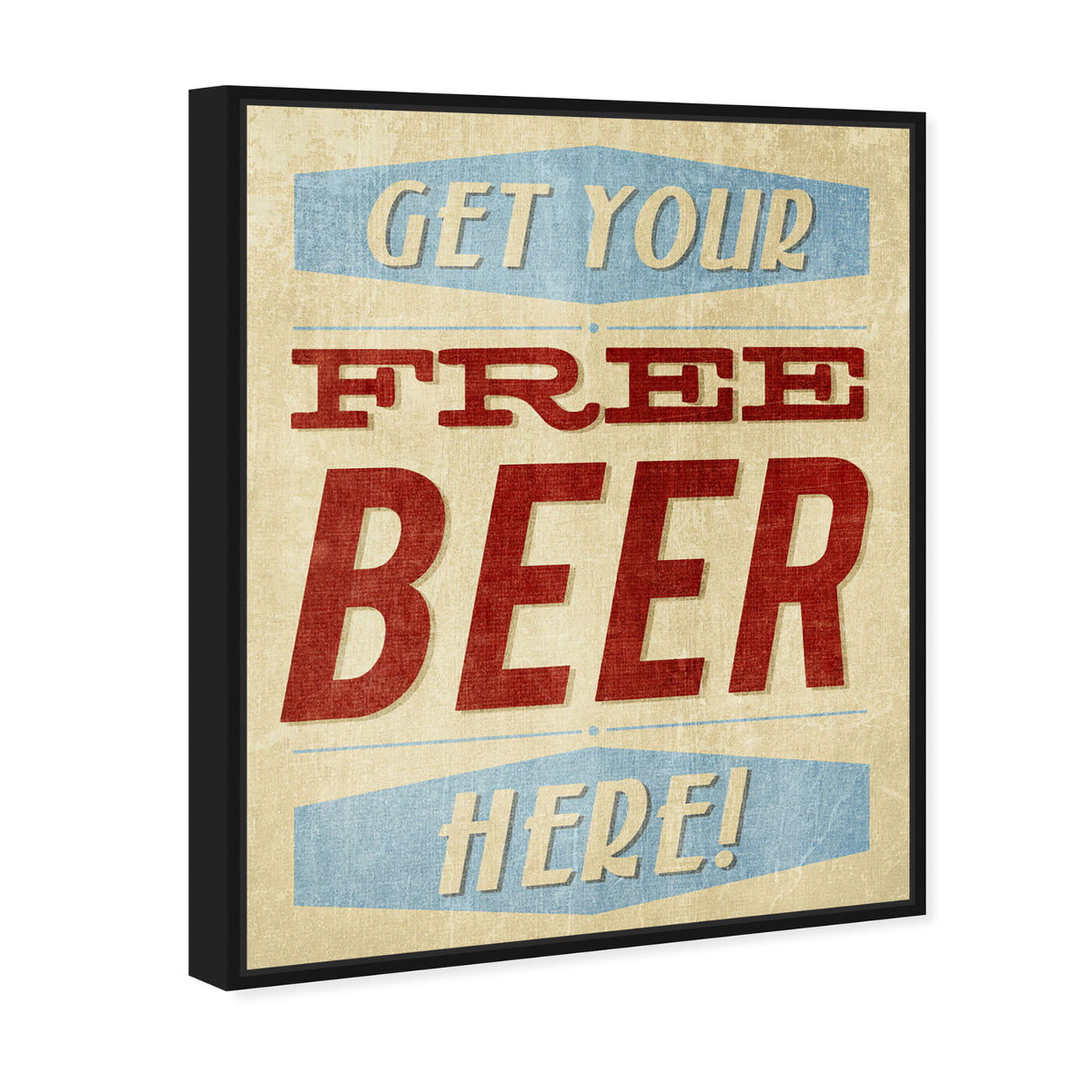 Angled view of Free Beer Here featuring advertising and promotional brands art.