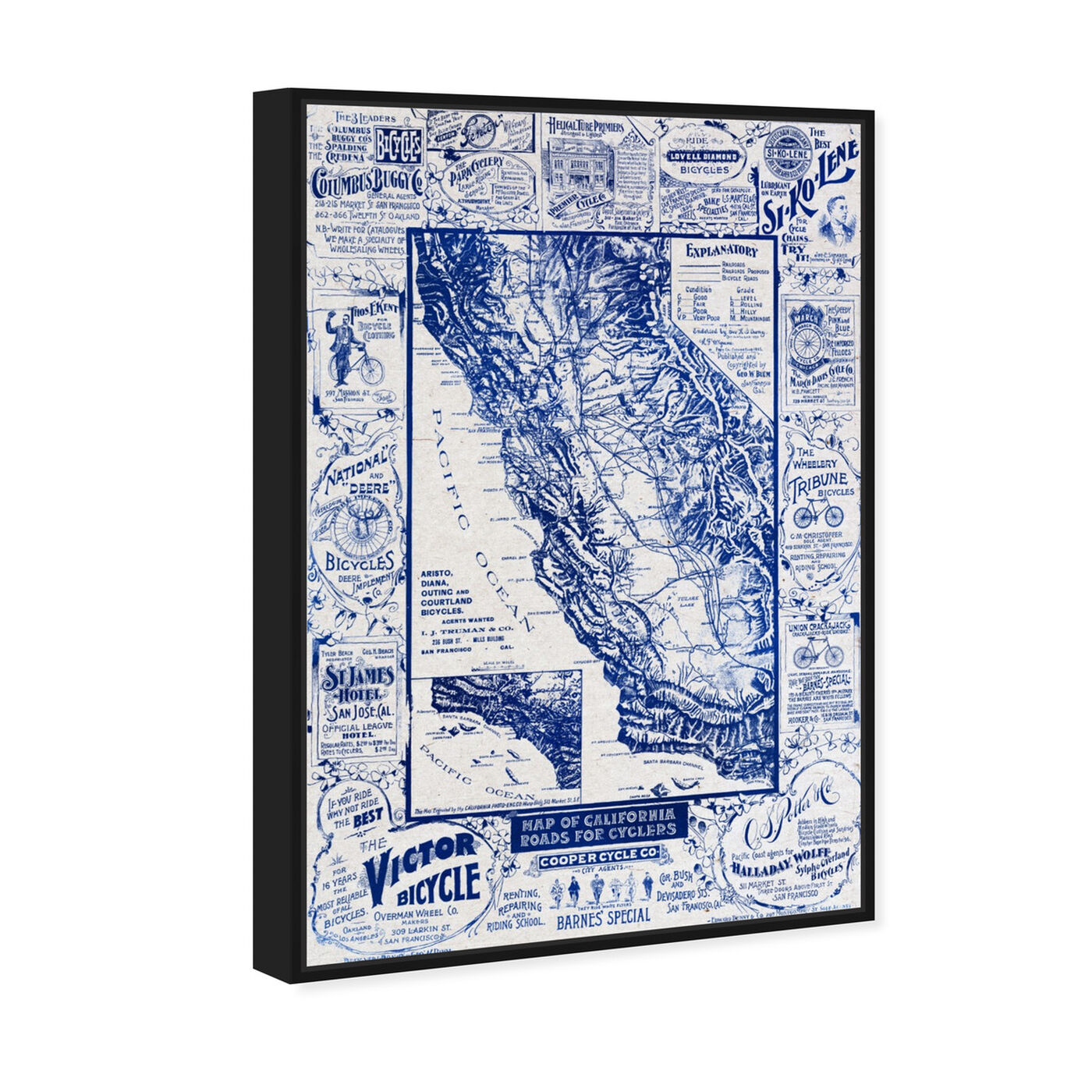 Angled view of Map of California 1896 for Cyclers Blueprint featuring maps and flags and us states maps art.