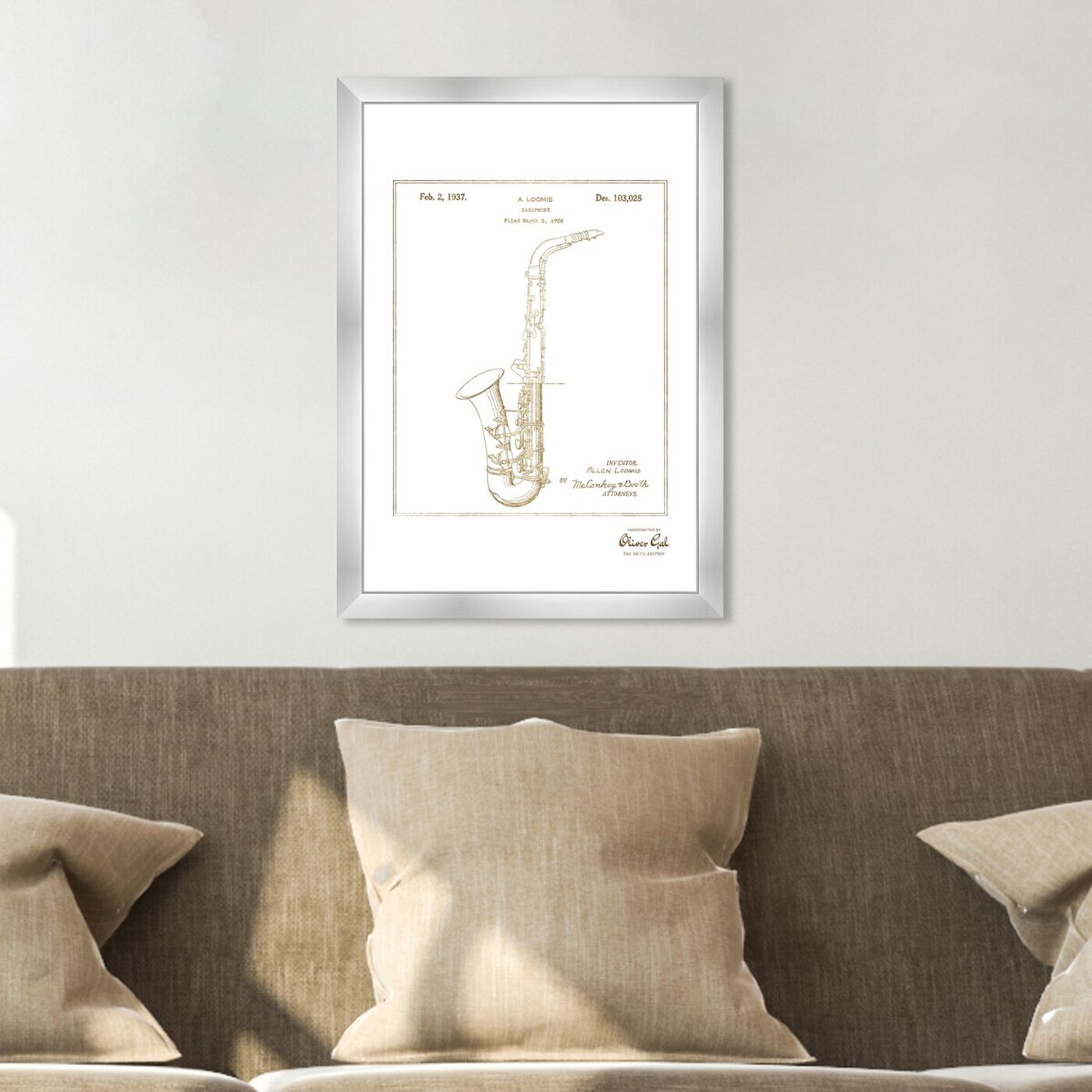 Hanging view of Saxophone 1937 II Gold featuring music and dance and music instruments art.