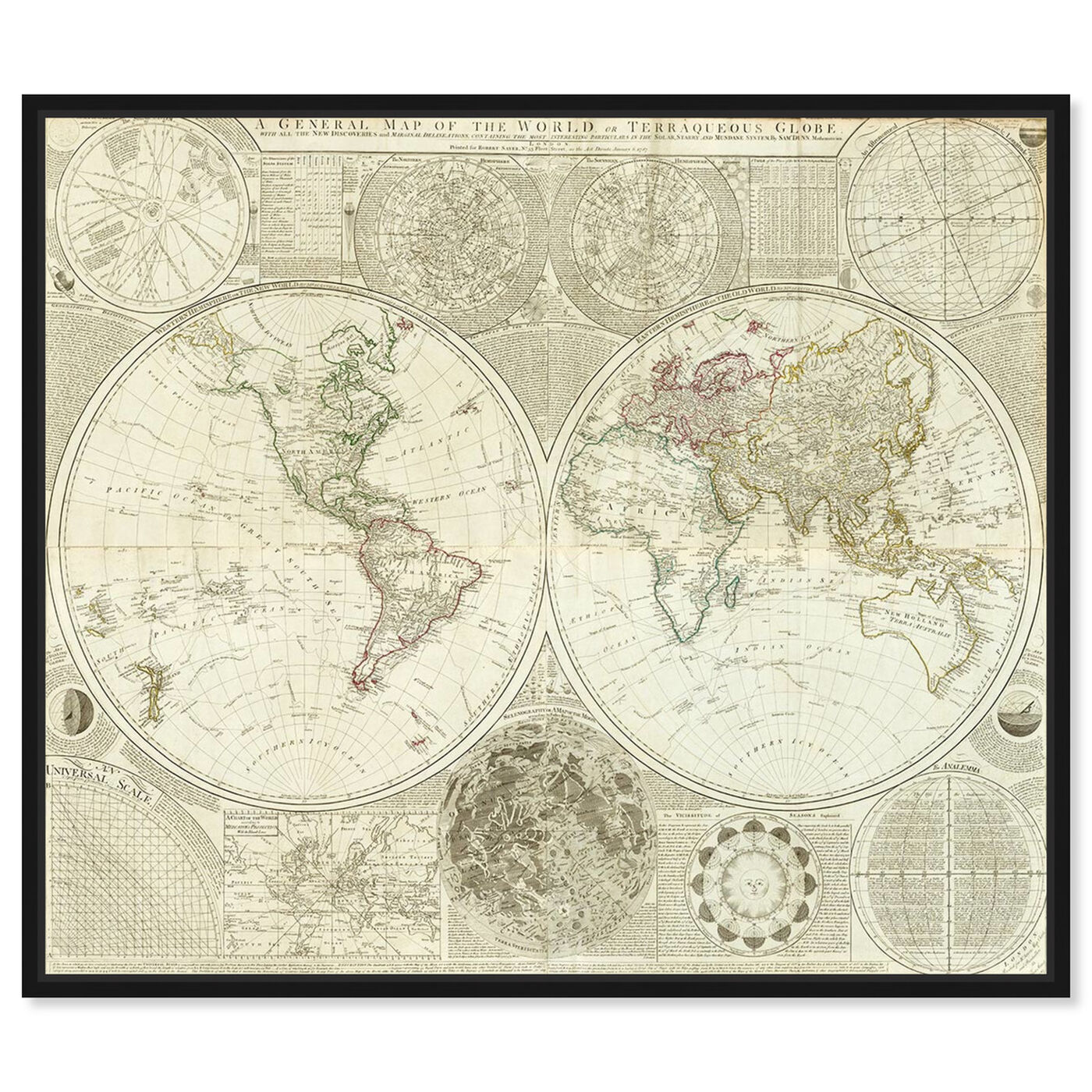 Front view of Terraqueous Globe Map 1787 featuring maps and flags and world maps art.