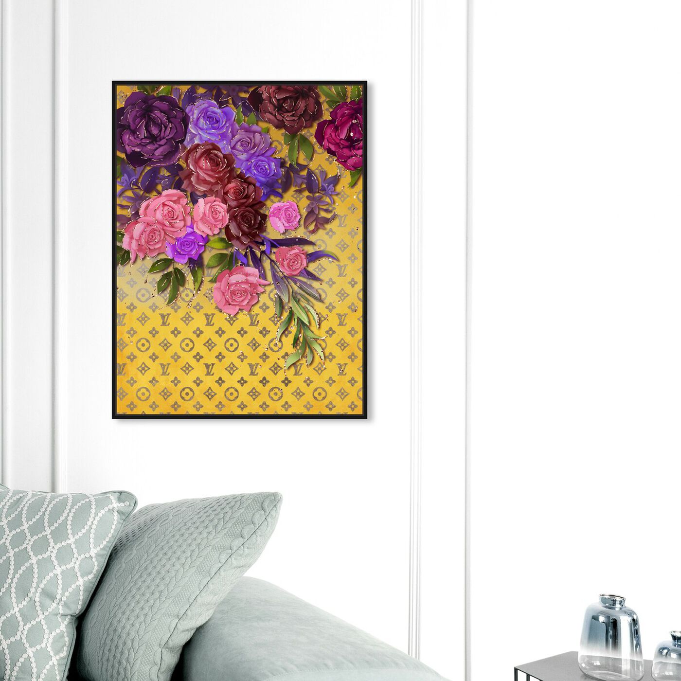 Hanging view of Roses Fashion Monogram featuring floral and botanical and florals art.