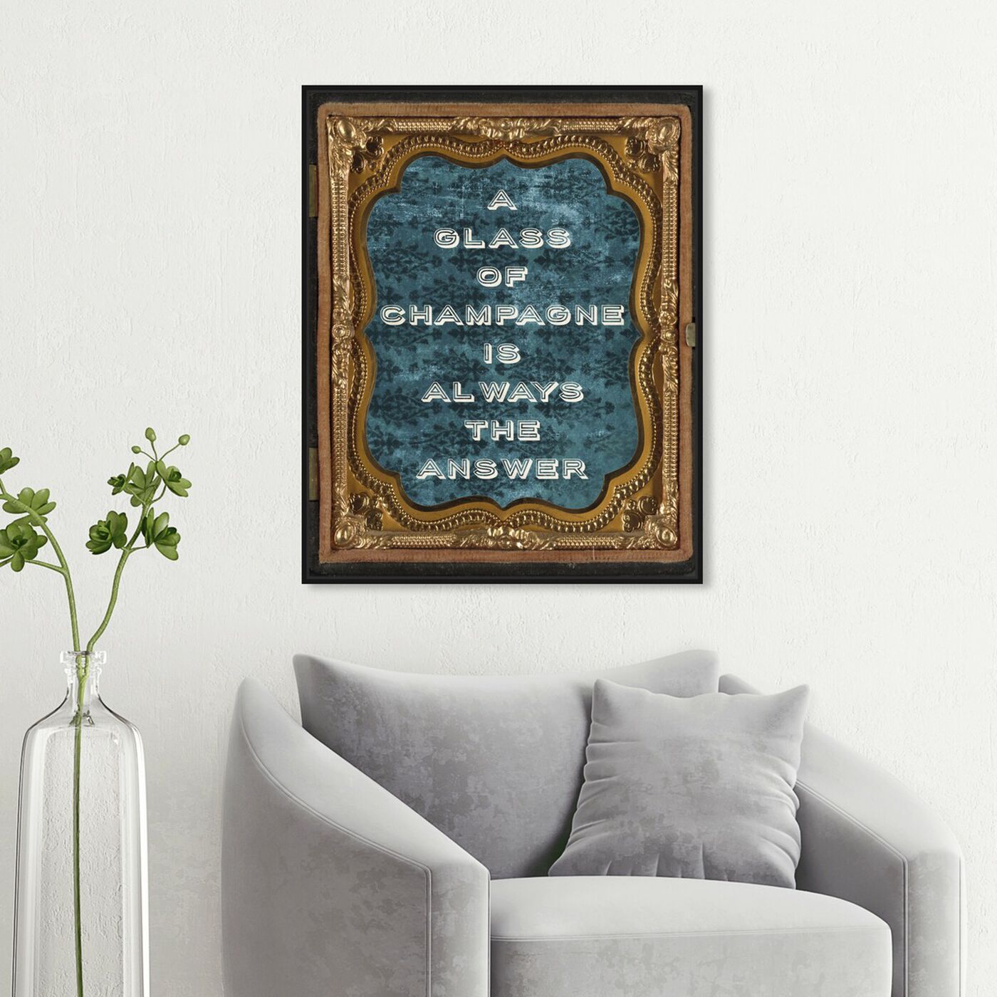 Hanging view of Glass of Champagne by Carson Kressley featuring typography and quotes and funny quotes and sayings art.